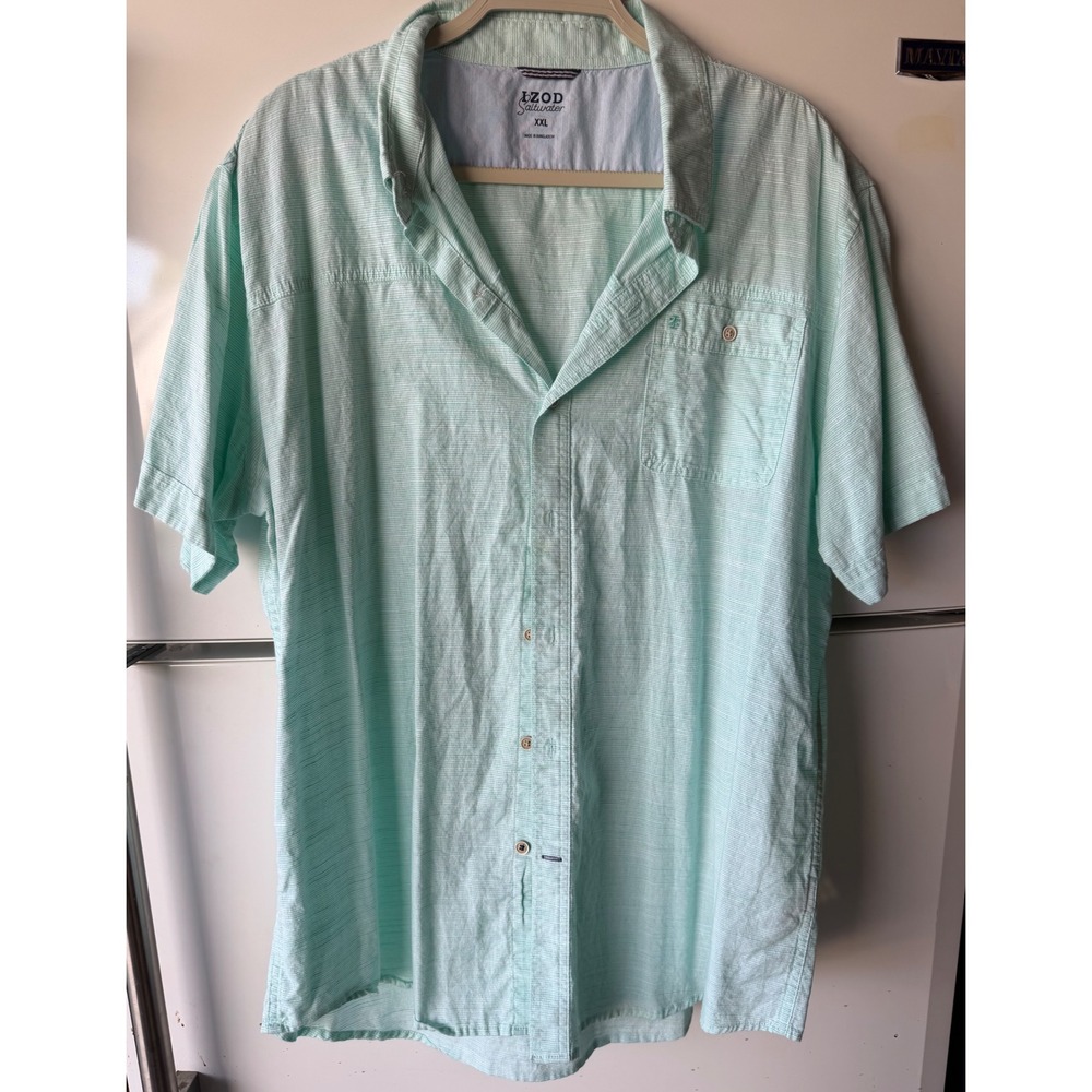 Izod Saltwater Mens XXL Mint Green Striped Short Sleeve Button Down Cotton Shirt